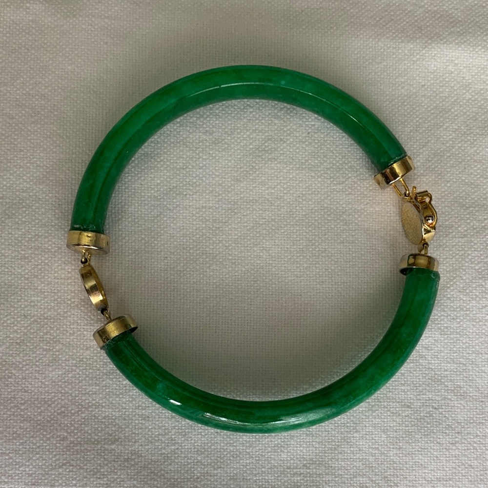 Genuine Jade and Gold Tone Hinged Bangle Bracelet.